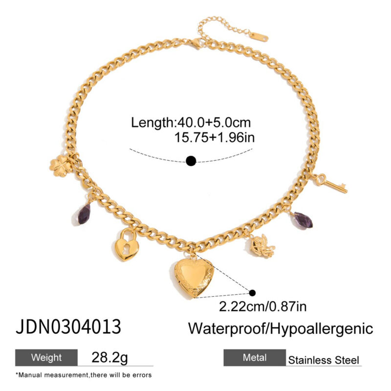 18K Gold Stainless Steel Purple Glass Four-Leaf Clover Lock & Key Photo Locket Necklace - Image 5