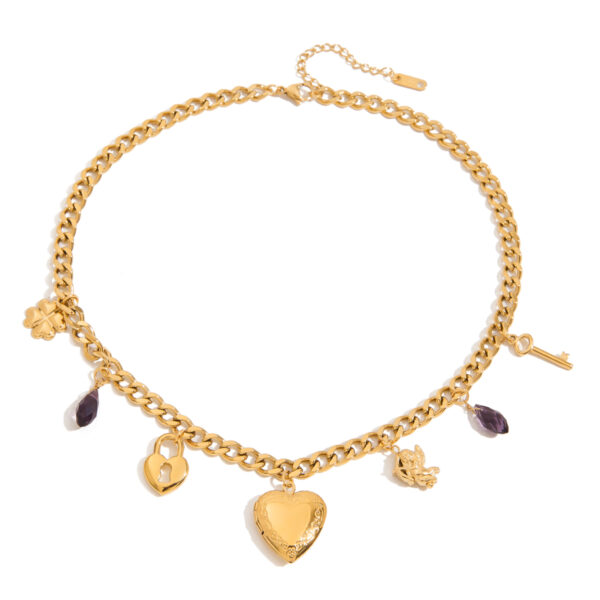 18K Gold Stainless Steel Purple Glass Four-Leaf Clover Lock & Key Photo Locket Necklace