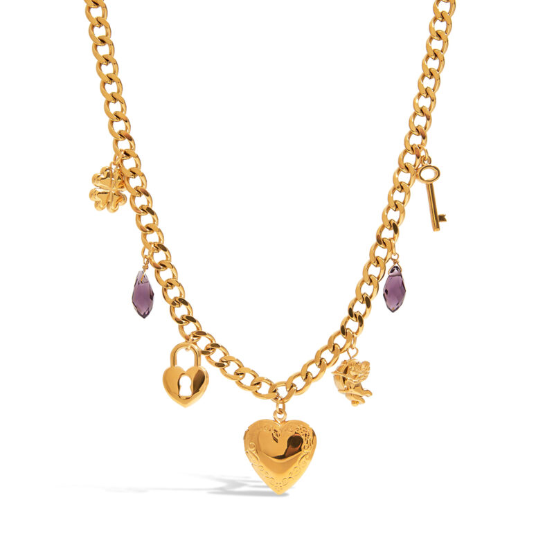 18K Gold Stainless Steel Purple Glass Four-Leaf Clover Lock & Key Photo Locket Necklace - Image 2