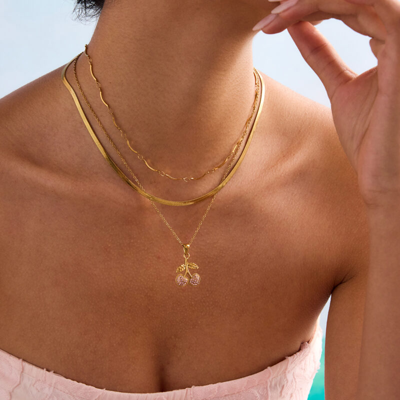 Sweet Romantic Women's 18K Gold Pink Zircon Cherry Pendant Necklace - Image 3