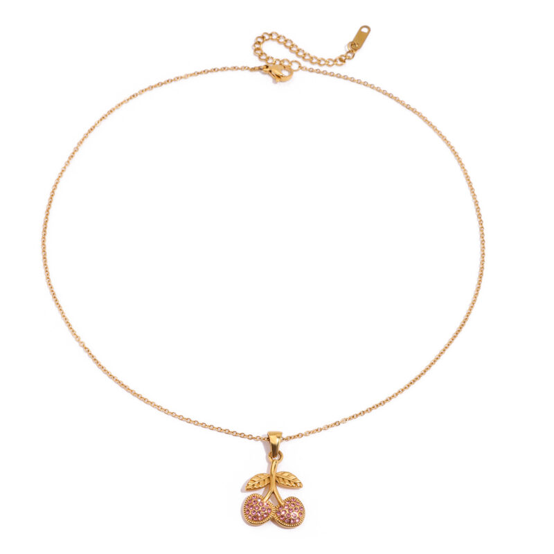 Sweet Romantic Women's 18K Gold Pink Zircon Cherry Pendant Necklace