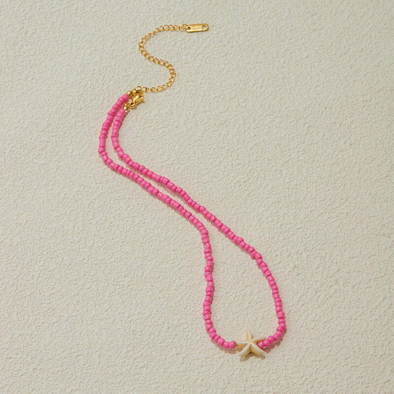 18K Gold Stainless Steel Pink Bead & Synthetic Starfish Necklace - Holiday Style - Image 2