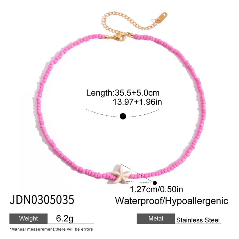 18K Gold Stainless Steel Pink Bead & Synthetic Starfish Necklace - Holiday Style - Image 5