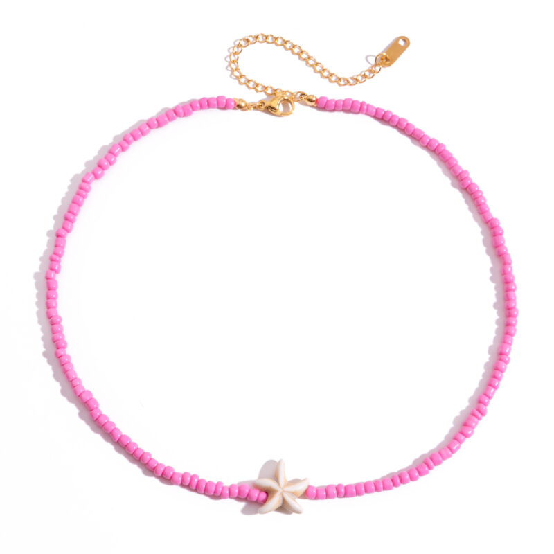 18K Gold Stainless Steel Pink Bead & Synthetic Starfish Necklace - Holiday Style