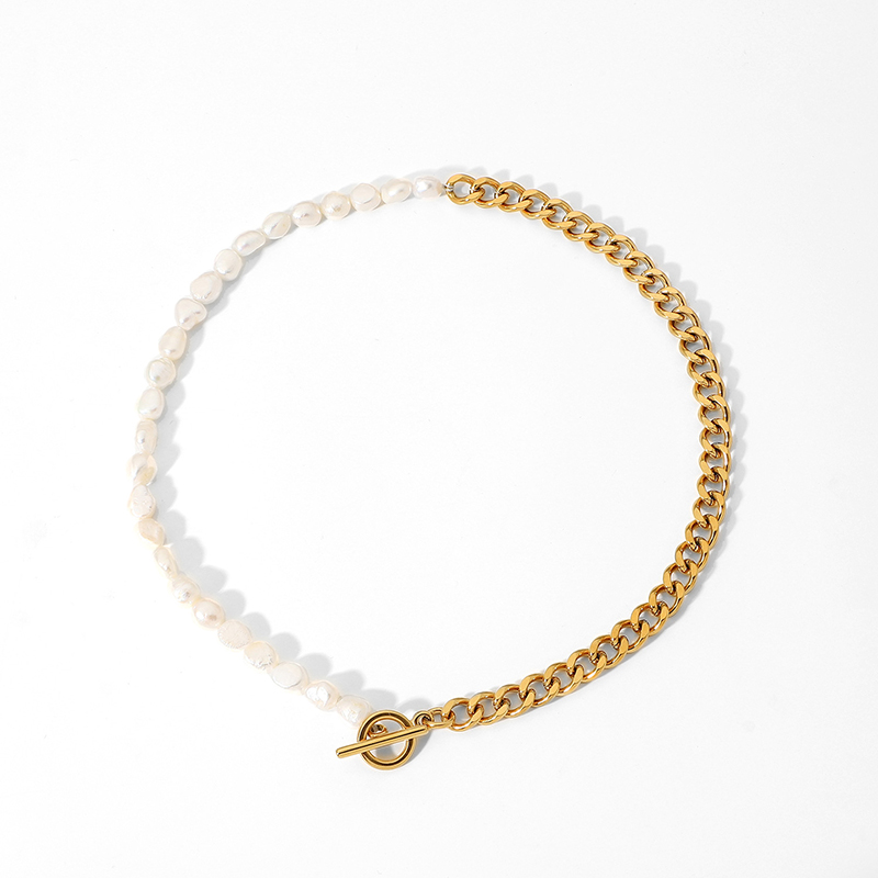 Casual Pearl Necklace OT Buckle Cuban Chain Necklace Stainless Steel Half Cuban Chain Half Freshwater Pearl Connected Necklace