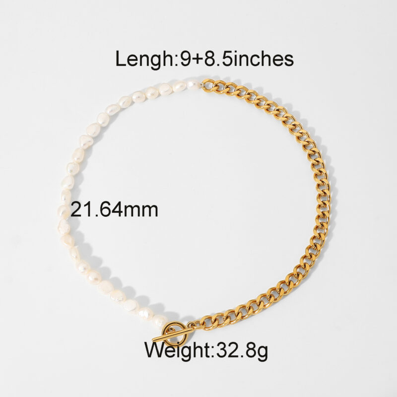 Casual Pearl Necklace OT Buckle Cuban Chain Necklace Stainless Steel Half Cuban Chain Half Freshwater Pearl Connected Necklace - Image 6