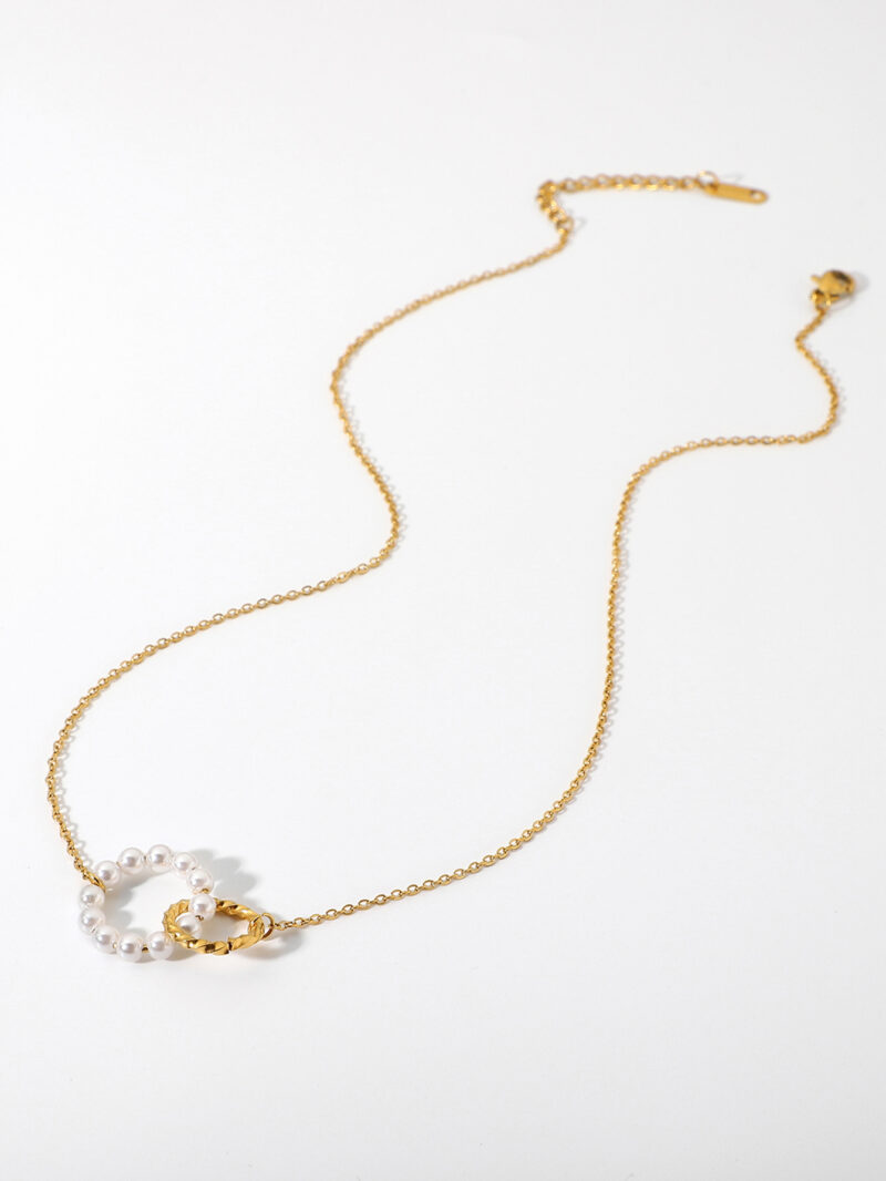 18K Gold Plated Stainless Steel Double Circle Link Chain Choker Pearl Pendant Necklaces for Women