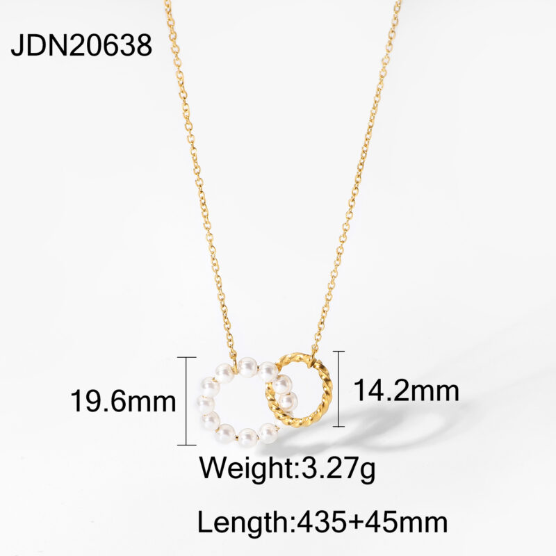 18K Gold Plated Stainless Steel Double Circle Link Chain Choker Pearl Pendant Necklaces for Women - Image 6