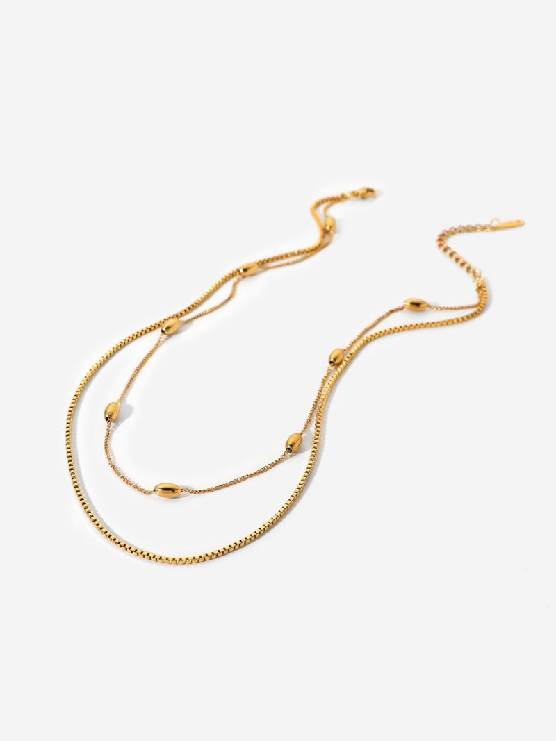 18k Gold Small Cube Collar Stainless Steel Double Layered Necklace Oval Ball Beads Chain Choker Necklace