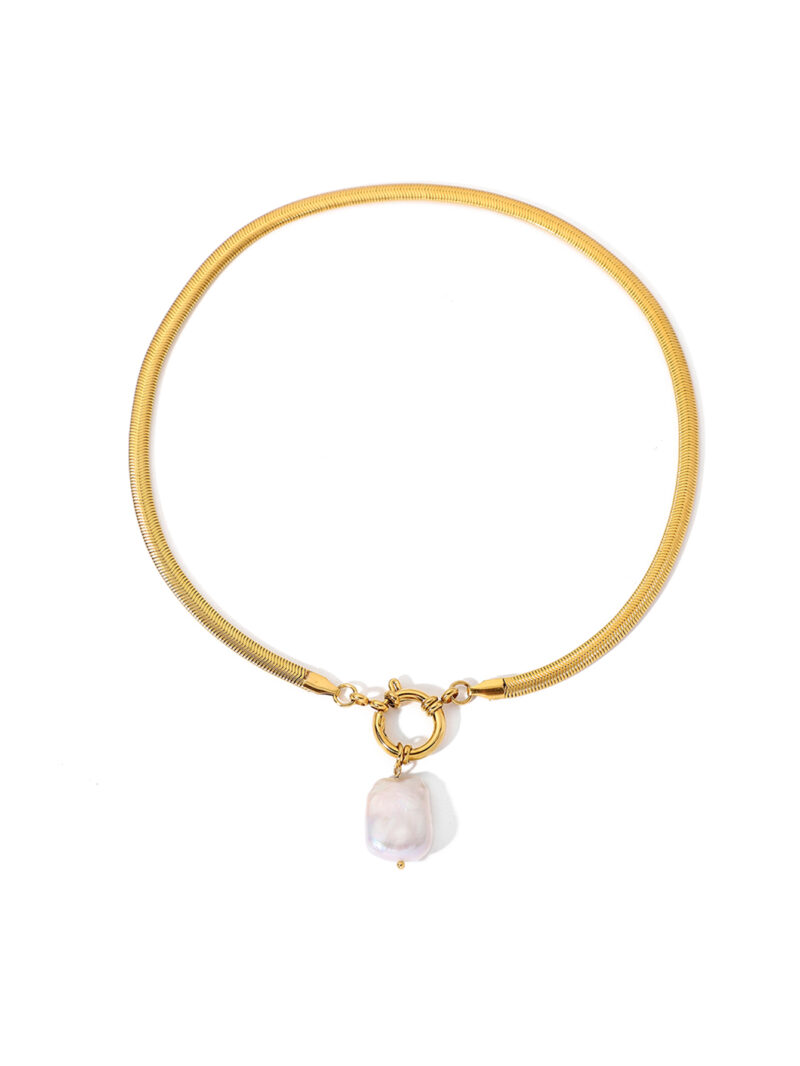 18K Stainless Steel Necklaces with Square Baroque Pearl Pendant Trendy Snake Chain 5mm Choker Jewelry for Anniversaries