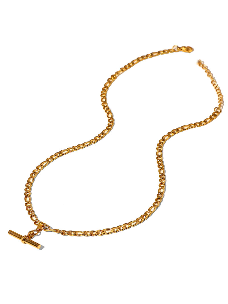 Tarnish Free 18K Figaro Chain T-bar Pendant Necklace Stainless Steel T-bar Necklace for Women