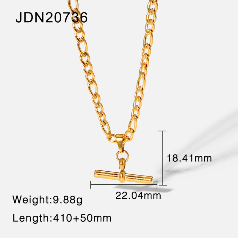 Tarnish Free 18K Figaro Chain T-bar Pendant Necklace Stainless Steel T-bar Necklace for Women - Image 6