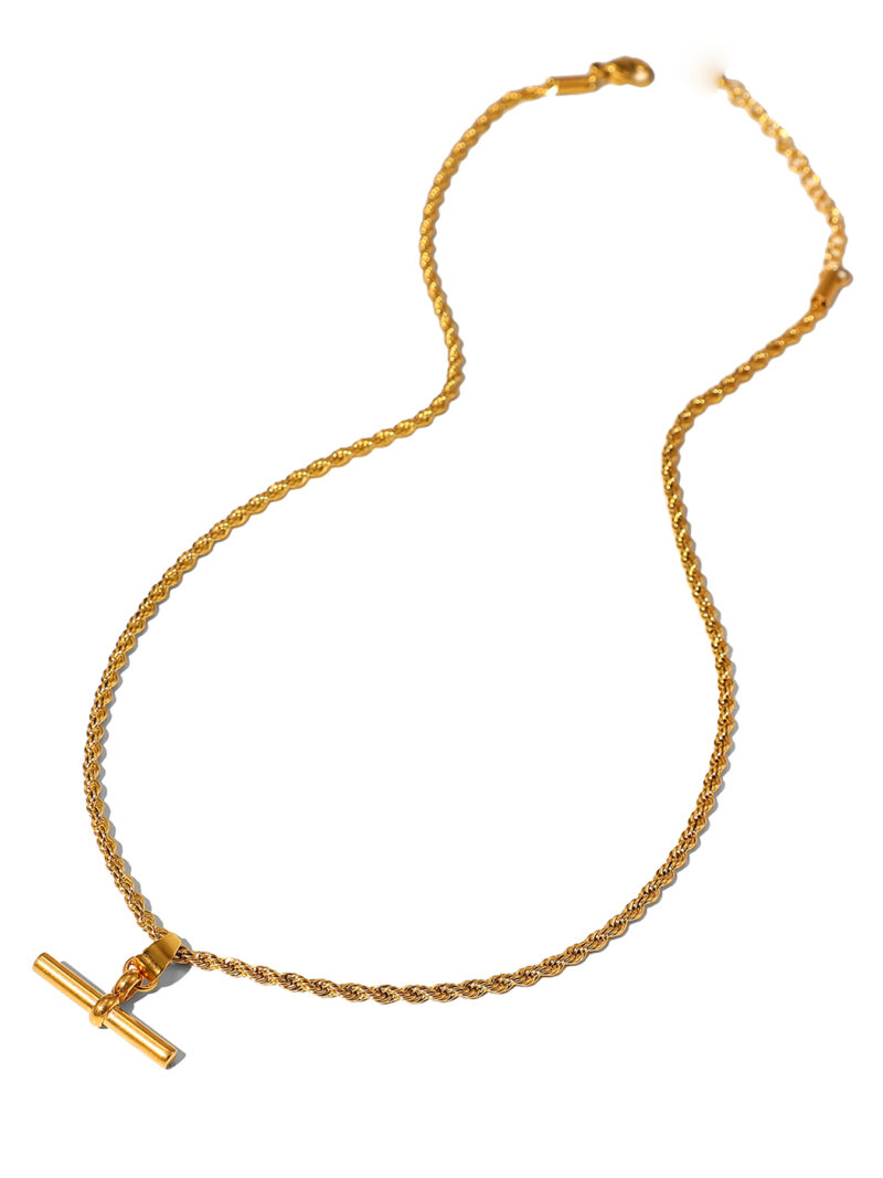 18K IP Plated Twist Chain T-bar Pendant Necklace Stainless Steel Rope Chain T-bar Pendant Necklace