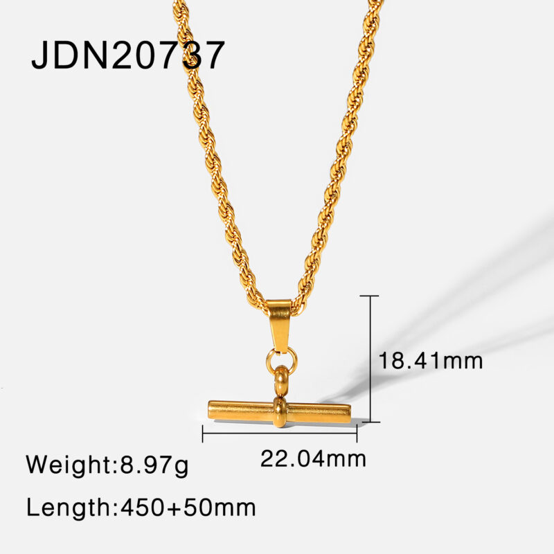 18K IP Plated Twist Chain T-bar Pendant Necklace Stainless Steel Rope Chain T-bar Pendant Necklace - Image 6