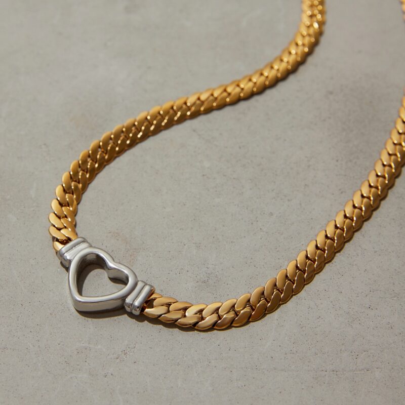 J&D 18k PVD Gold Plated Stainless Steel Necklace Vintage Gold and Silver Hollow Heart Flat Snake Chain - Image 6