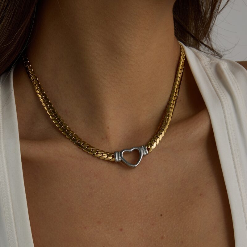 J&D 18k PVD Gold Plated Stainless Steel Necklace Vintage Gold and Silver Hollow Heart Flat Snake Chain - Image 4