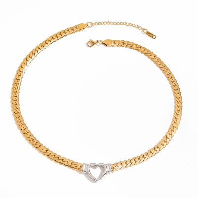 J&D 18k PVD Gold Plated Stainless Steel Necklace Vintage Gold and Silver Hollow Heart Flat Snake Chain