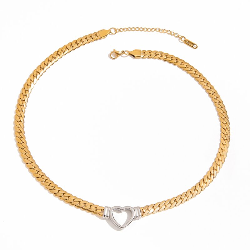 J&D 18k PVD Gold Plated Stainless Steel Necklace Vintage Gold and Silver Hollow Heart Flat Snake Chain