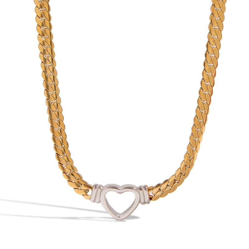 J&D 18k PVD Gold Plated Stainless Steel Necklace Vintage Gold and Silver Hollow Heart Flat Snake Chain - Image 3