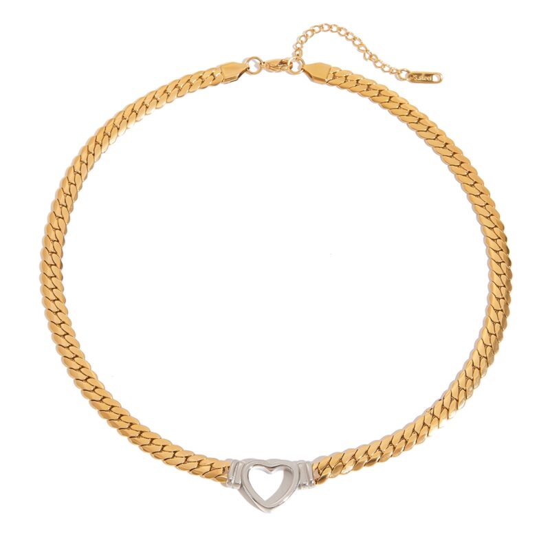 J&D 18k PVD Gold Plated Stainless Steel Necklace Vintage Gold and Silver Hollow Heart Flat Snake Chain - Image 2