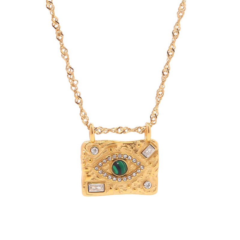 Youthway Luxury Cubic Zirconia Green Malachite Lava Square Devil's Eye Square Plaque Ring Necklace Set Charm Jewelry Set