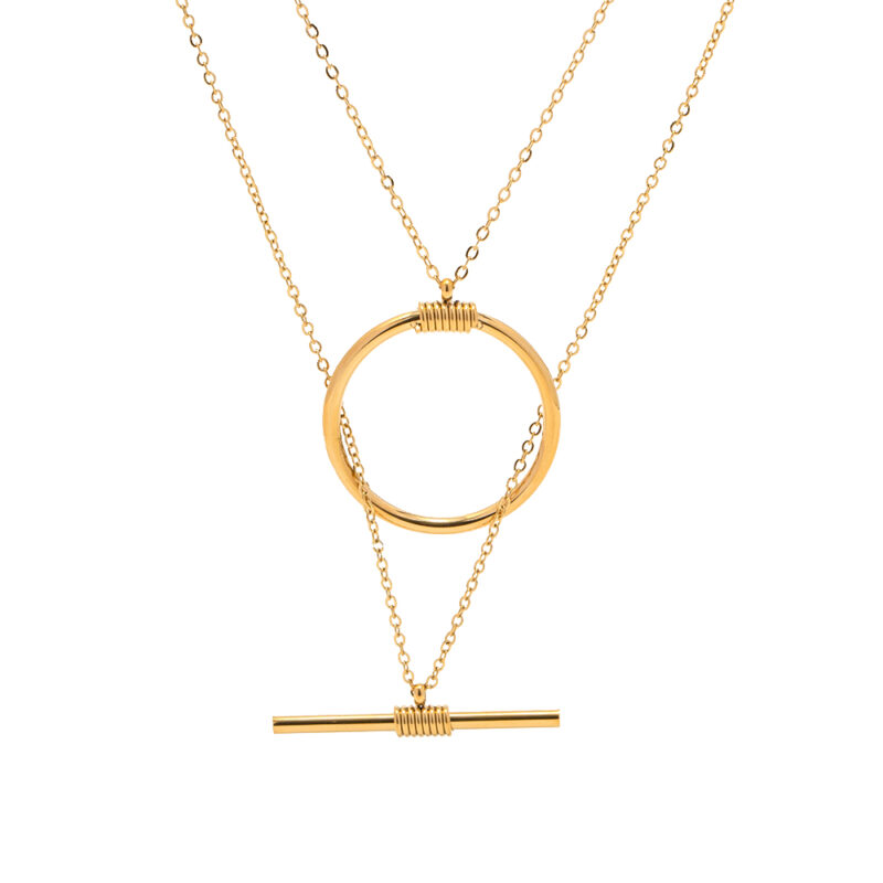 Youthway 16k Gold Double Round Long Bar Stitching Necklace Vintage Gold Color Necklace Rust Proof Jewelry for Women