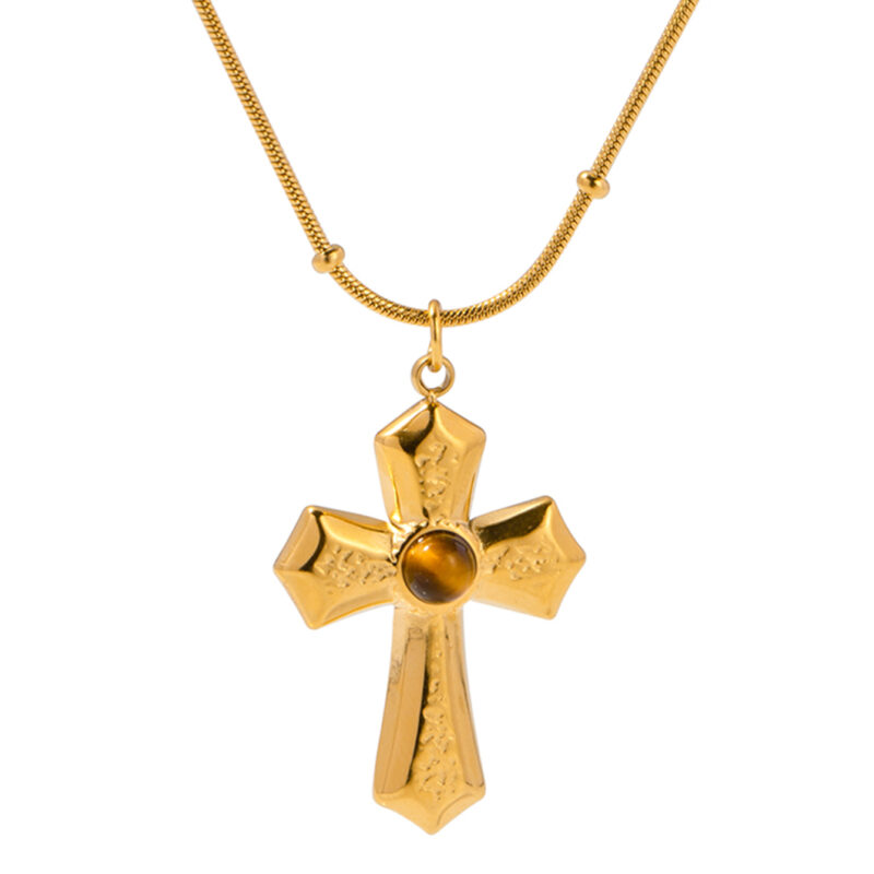 J&D Religious Stainless Steel Necklaces Gold Plated Texture Hammer Tiger's Eye Cross Pendant Necklace