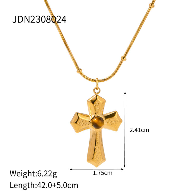 J&D Religious Stainless Steel Necklaces Gold Plated Texture Hammer Tiger's Eye Cross Pendant Necklace - Image 6