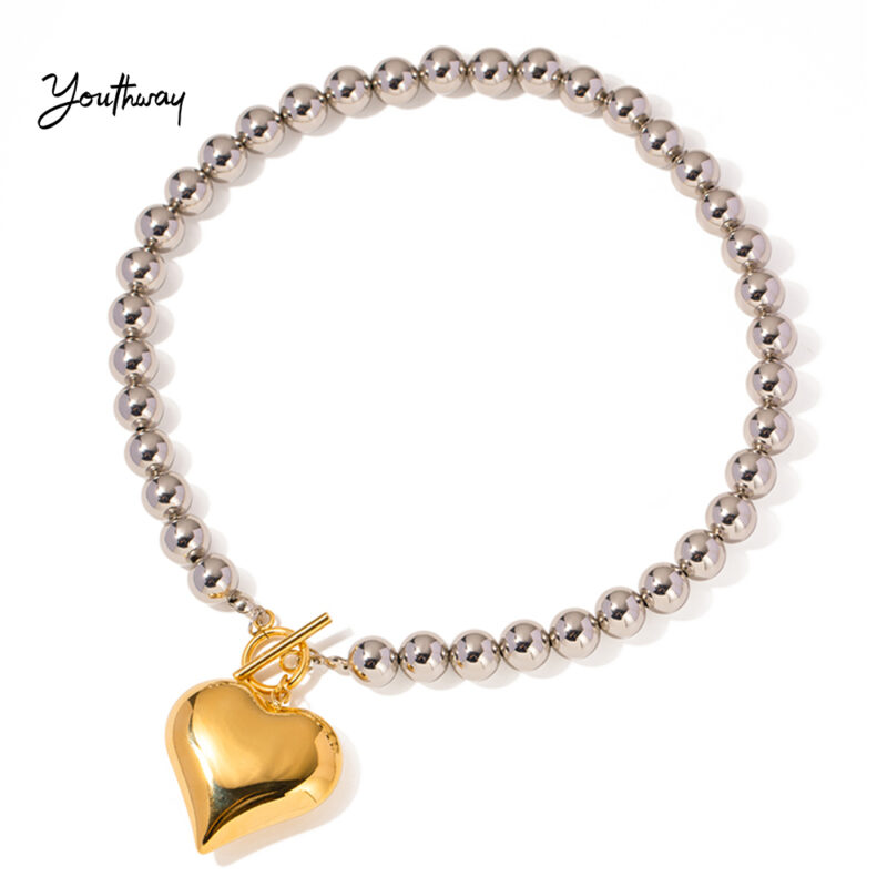 Youthway Glossy Chubby Heart-shaped Round Bead OT Buckle Necklace Unique Design for Women's Fashion Jewelry 2023