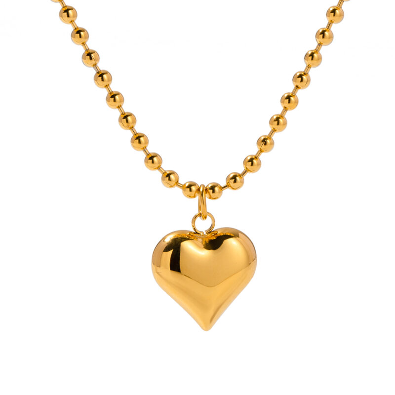 Youthway Waterproof Chubby Heart Bulky Pendant Small Bead Stainless Steel Necklace 18K Gold Plated Trendy Jewelry for Women