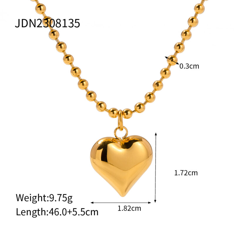Youthway Waterproof Chubby Heart Bulky Pendant Small Bead Stainless Steel Necklace 18K Gold Plated Trendy Jewelry for Women - Image 5