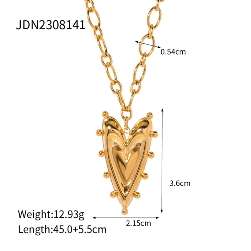 J&D 18k Gold Plated Stainless Steel Jewelry Gift Texture Heart Shape Rivet Pendant Necklace Women - Image 5