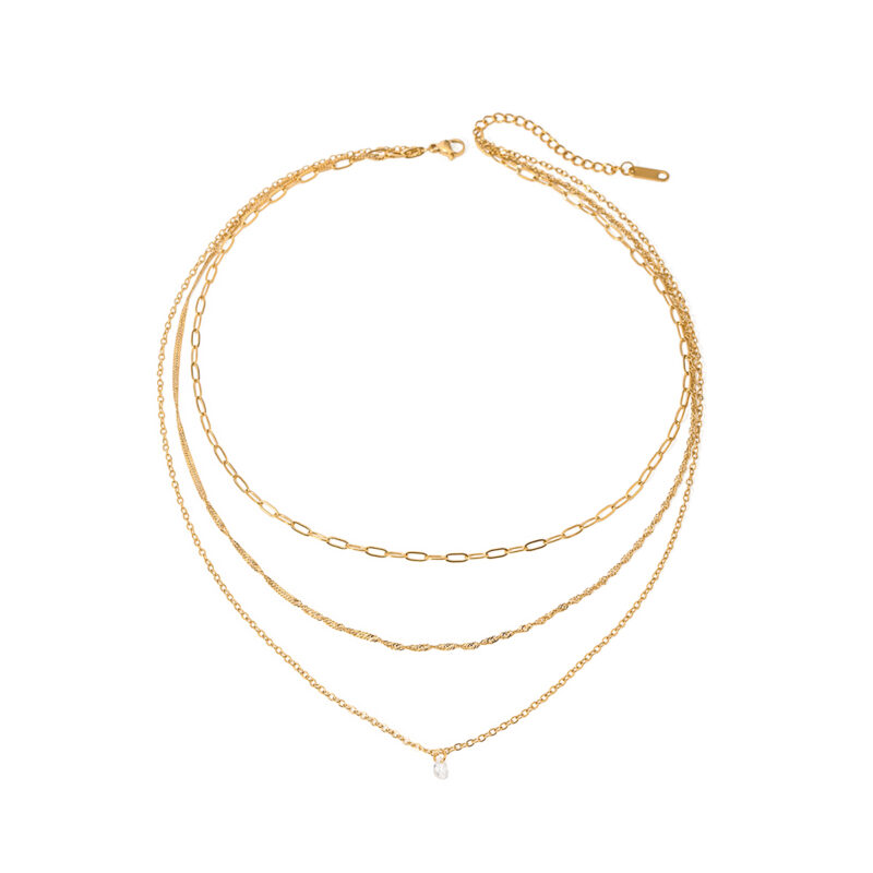 Fashionable 18K Real Gold IP Plated Stainless Steel Paperclip Chain Layer Necklace Zircon Necklace for Women Party Decoration