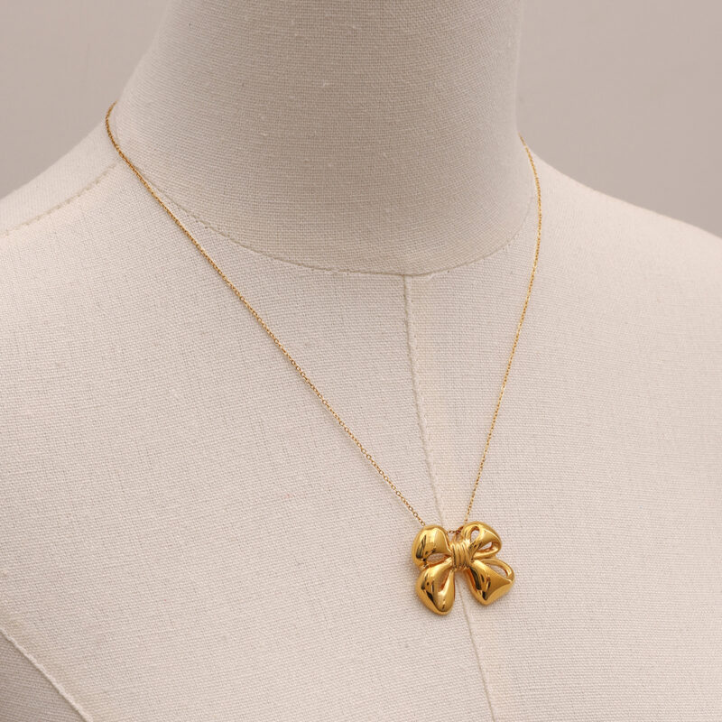 18K Gold Stainless Steel Bow Pendant Necklace - Image 4