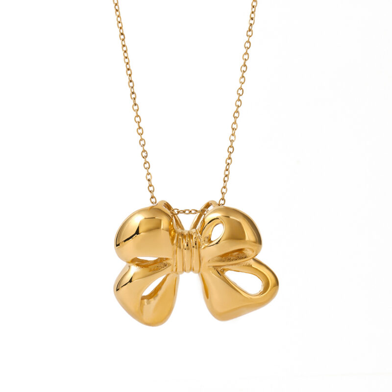 18K Gold Stainless Steel Bow Pendant Necklace - Image 2