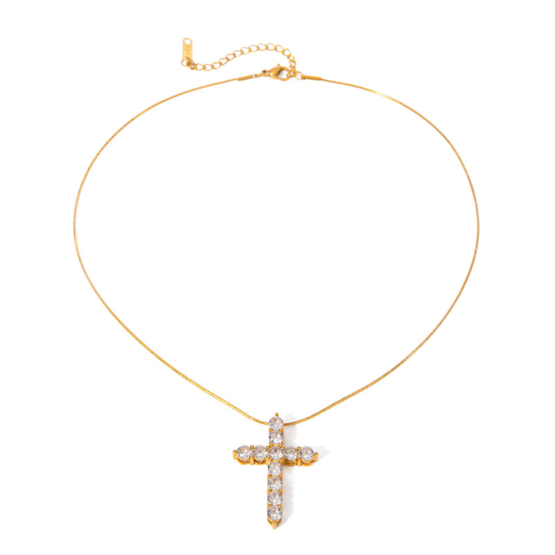 Youthway White Zirconia Diamonds Cross Pendant Necklace for Women Stainless Steel 18K Gold Color Fashion Jewelry New 2024
