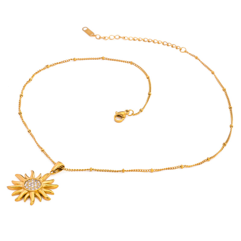 New Arrival Stainless Steel Stud Earring Waterproof Rhinestones Sun Shape Pendant Necklace for Women
