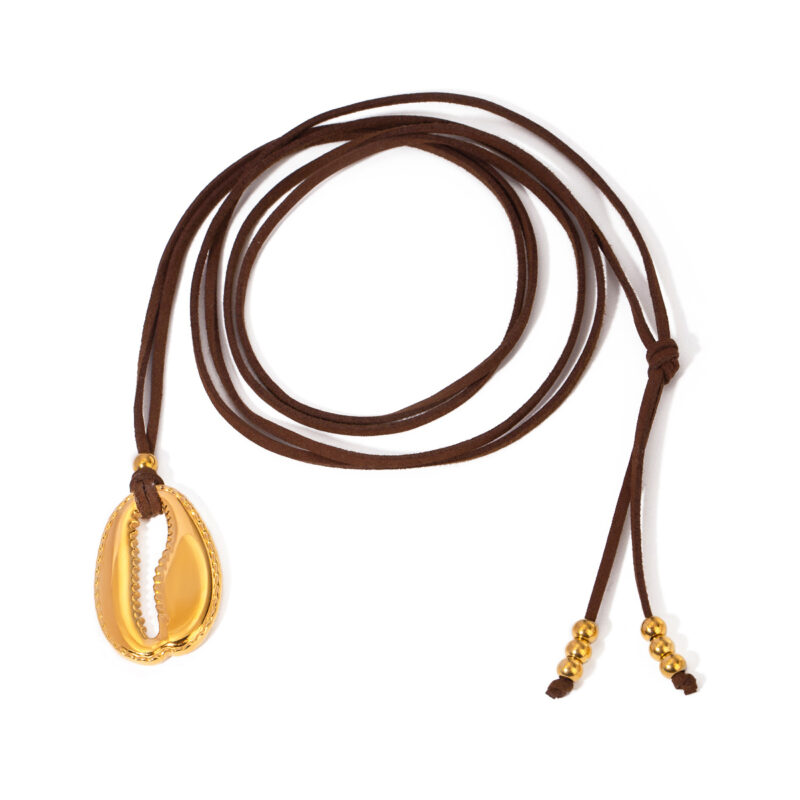 J&D Large Shell Pendant Cord Necklace 18K PVD Gold Plated Stainless Steel Beach Vacation Trendy Charm Necklace