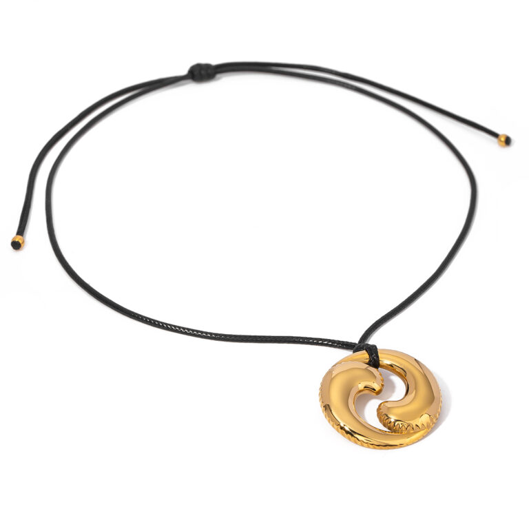 18K Gold Stainless Steel Double Drop Pendant Black Cord Necklace