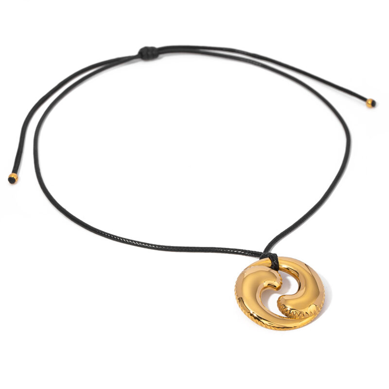 18K Gold Stainless Steel Double Drop Pendant Black Cord Necklace
