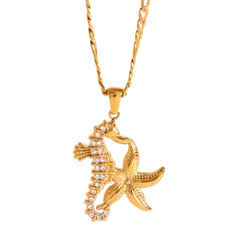 J&D 18k Gold Stainless Steel White Zircon Seahorse Starfish Pendant Ocean Necklace 45+5cm - Image 2