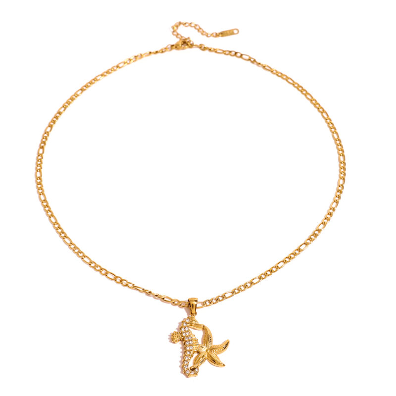 J&D 18k Gold Stainless Steel White Zircon Seahorse Starfish Pendant Ocean Necklace 45+5cm
