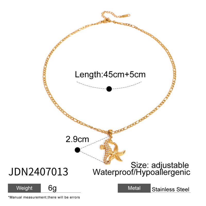 J&D 18k Gold Stainless Steel White Zircon Seahorse Starfish Pendant Ocean Necklace 45+5cm - Image 4