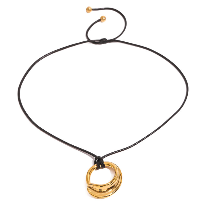 J&D 18k Stainless Steel Unique Irregular Concave Hollow Pendant Statement Necklace Black Wax Rope 75cm