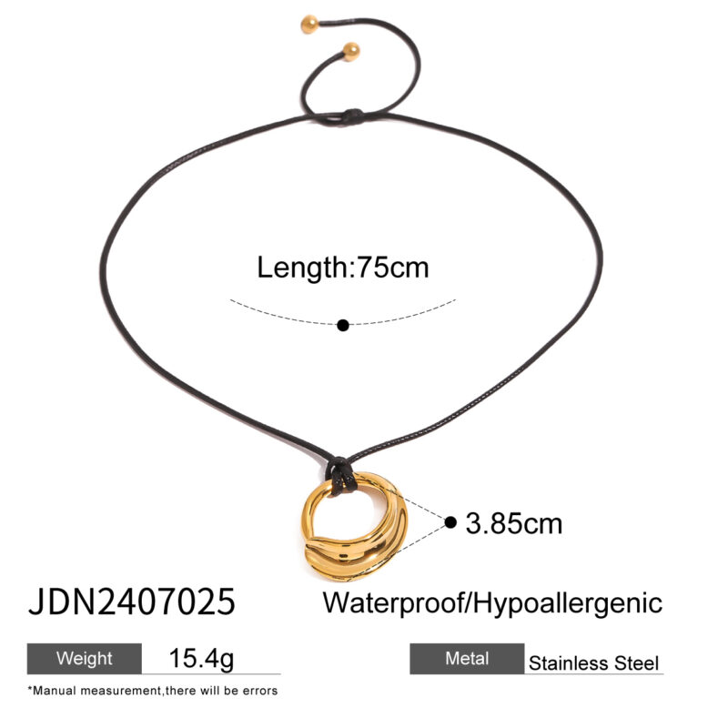 J&D 18k Stainless Steel Unique Irregular Concave Hollow Pendant Statement Necklace Black Wax Rope 75cm - Image 3