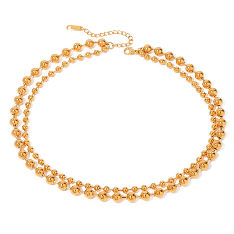 J&D 18K Gold Stainless Steel Beaded Double Layer Necklace Adjustable 38 41cm