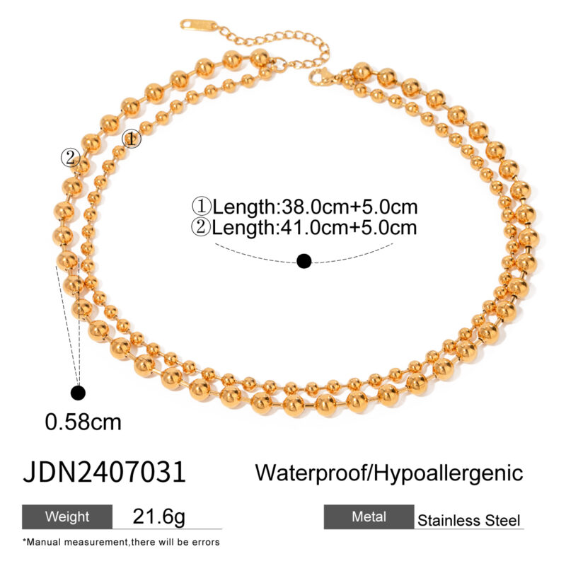 J&D 18K Gold Stainless Steel Beaded Double Layer Necklace Adjustable 38 41cm - Image 6