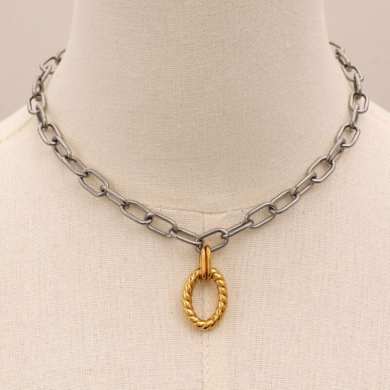 J&D 18k Gold Stainless Steel Silver and Gold Twisted Oval Hollow Circle Cross Chain Necklaces - Image 5