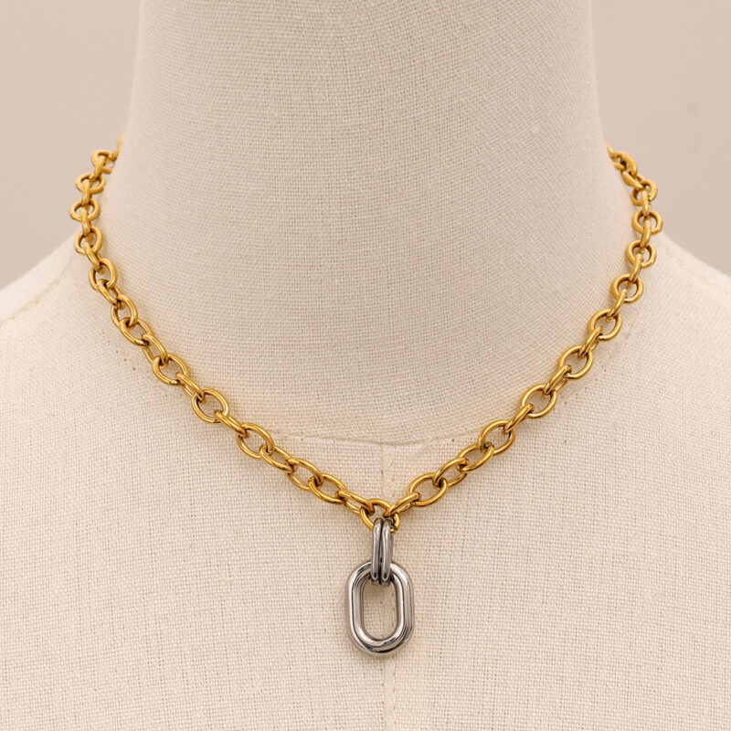 J&D 18k Gold Stainless Steel Gold and Silver Color Block Oval Polished Hollow Circle Necklaces - Image 6