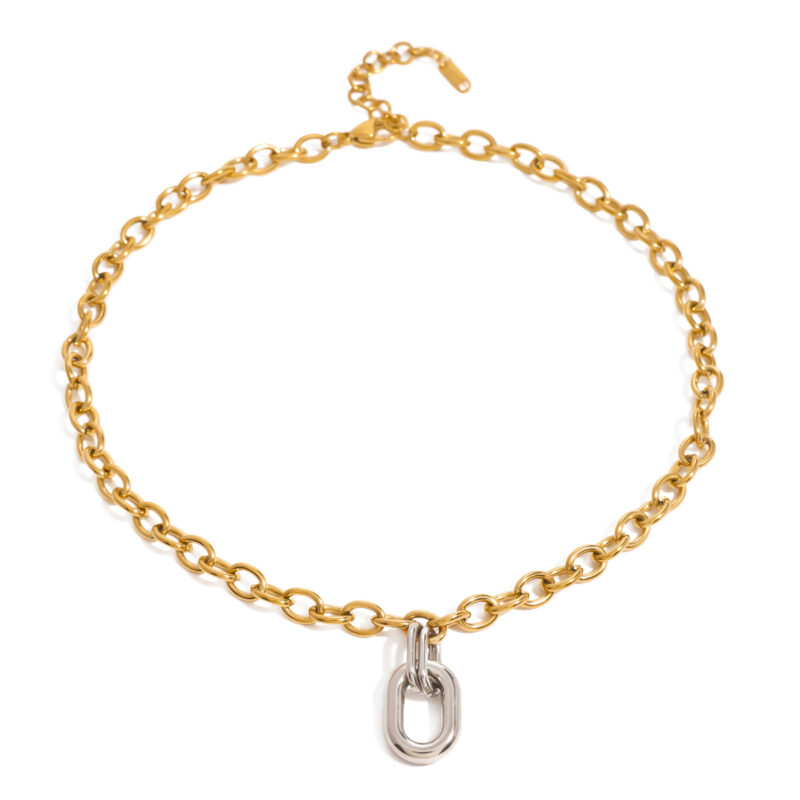 J&D 18k Gold Stainless Steel Gold and Silver Color Block Oval Polished Hollow Circle Necklaces